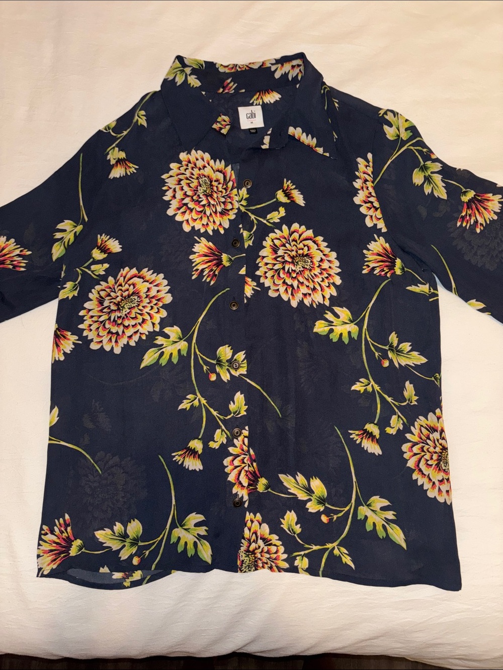 CAbi Navy Floral Button-Down Shirt with Yellow and Green Blooms